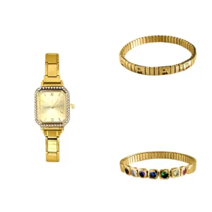 Elegantes goldenes rechteckiges Uhrenset mit elastischen Armbändern für Damen