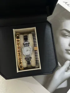 Elegant watch gift set with silver octagonal watch and two crystal bracelets in box