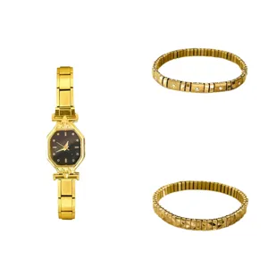 Elegant gold-tone watch set with octagonal black dial and two matching stretch bracelets