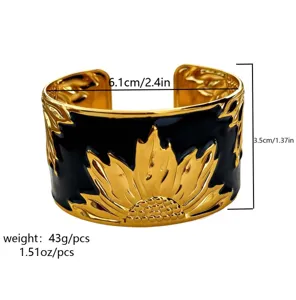 Detailansicht des goldenen Sonnenblumen-Armreifs mit Größen- und Gewichtsangaben.