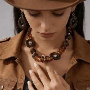 Exquisites Detail des Modells mit Vintage-Bernstein-Acrylperlenkette und Ohrring-Set