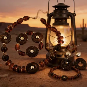 Retro Bernstein Acryl Halskette und Armband Set mit Vintage Wüstenlampe präsentiert