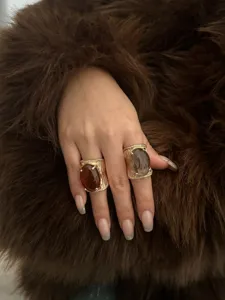 Close-up detail of oversized gold-toned resin rings worn on a hand with brown fur background