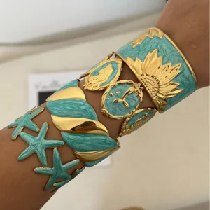 Vintage gold-plated stainless steel enamel open bangles with flower and starfish motifs
