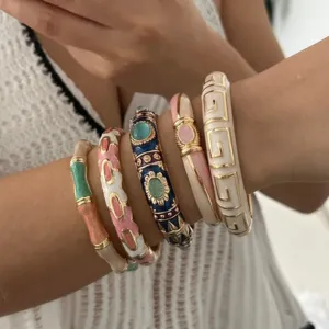 Vintage Enamel Bamboo Bangle Bracelet Alloy Rhinestone Drip Glaze Fashion Jewelry For Women Geometric Meander Pattern Gift