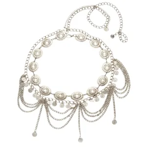 Bohemian silver multi-layer tassel waist chain with coin pendants for belly dance