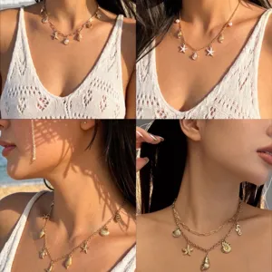 Ocean Theme Starfish Shell Sea Snail Turtle Pendant Necklace Gold Alloy Artificial Pearl Rhinestone Beach Vacation Women Jewelry