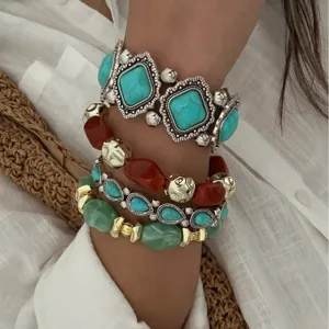 Vintage Bohemian Western cowboy turquoise gelaagde armband set voor strand vakantie