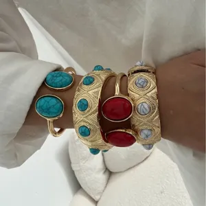 Exquisite bohemian gold plated bangle set with turquoise and red stones for women