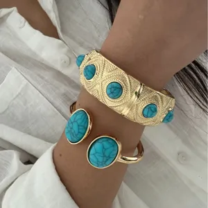 Elegant Bohemian gold cuff bracelet set with vibrant turquoise stones for women style