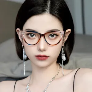 Fashionable vintage cat-eye glasses with anti-blue light lenses shown on an Asian model