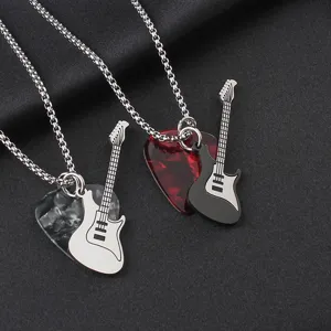 Rock Guitar Heart Pendant Necklace Stainless Steel Musical Instrument Pick Sweater Chain For Men Women Punk Hip Hop Jewelry