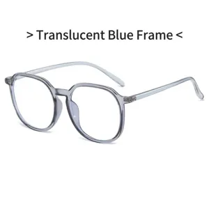Detail of transparent blue frame on anti-blue light glasses with large lenses