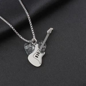 Stainless steel rock guitar and pick pendant necklace for men in silver finish