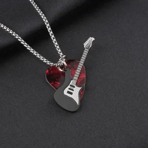 Detailed shot of rock-style stainless steel necklace with guitar pick and guitar pendants