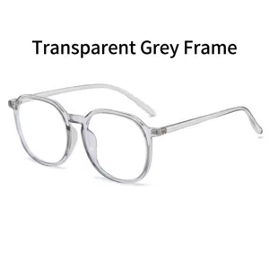 Detailed macro shot of stylish retro transparent grey frame anti-blue light glasses