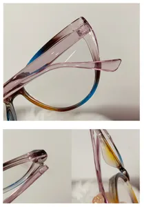 Detailed macro views of the purple gradient cat-eye frame and precision metal hinges.
