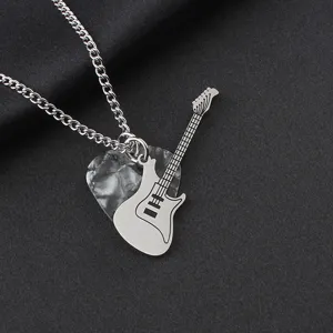 Detailed view of rock style stainless steel electric guitar pendant with guitar pick