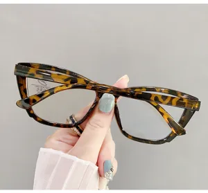 Close-up detail of tortoise shell cat-eye glasses featuring anti-blue light lenses for women