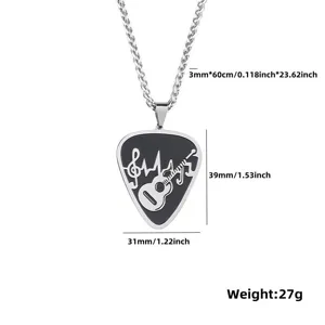 Men's stainless steel guitar pick pendant necklace with music note design, 60cm chain.