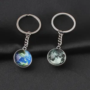 Luminous planet glass ball keychain detail showcasing double-sided earth and moon design.