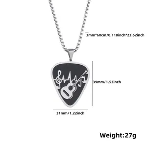 Detail view of men stainless steel rock guitar pick pendant necklace with musical note design.