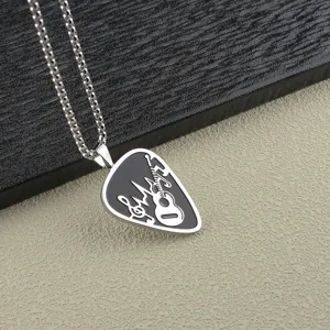 Stainless steel guitar pick pendant necklace music note detail view for men fashion jewelry