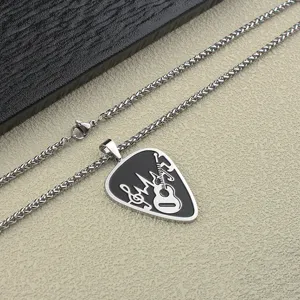 Stainless steel rock guitar pick pendant necklace with music note design for men and boys.