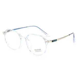 Vista detallada de monturas de gafas redondas irregulares azules anti-luz azul