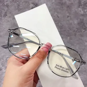 Montura de gafas redonda irregular gris transparente con protección de luz azul
