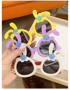 Cute cartoon bunny ear sunglasses for kids with UV protection available in multiple bright colors