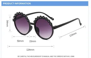Detail view of children's flower sunglasses showing frame dimensions and measurements