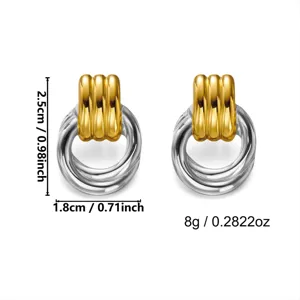 Two-tone twisted ring earrings in stainless steel with measurement details