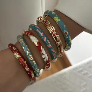 Vintage Chinese style enamel floral bangles set for women featuring vibrant colors