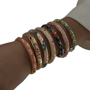 Set of vintage Chinese style enamel floral bangles with intricate colorful patterns