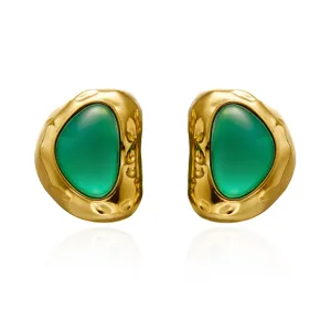 Vintage stainless steel gold-plated stud earrings with an emerald green stone inlay