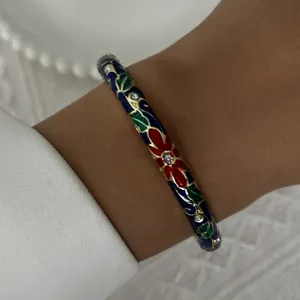 Elegant vintage Chinese style enamel floral bangle bracelet in dark blue finish