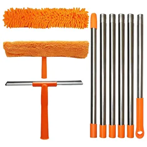 Comprehensive window cleaning kit components with chenille microfiber heads and extension poles