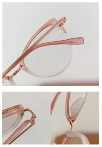 Detalle de las bisagras y almohadillas de la montura de gafas de ojo de gato rosa