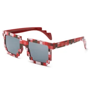 Close-up of red pixel pattern mosaic sunglasses with jagged 2D frame design