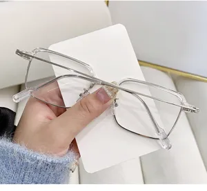 Detail shot of stylish retro silver semi-rimless square glasses held against a white card