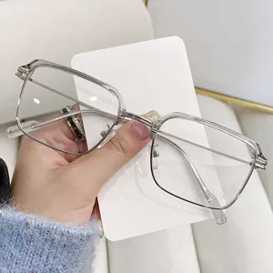 Stylish silver square browline glasses frame with anti-blue light clear lenses
