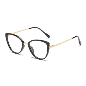 Elegante montura de gafas ojo de gato con filtro de luz azul en negro y dorado moderna
