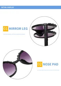Close-up detail of children's round sunglasses with flower accents and purple lenses.