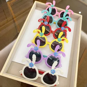 Cute cartoon rabbit ear sunglasses for girls with UV protection in multiple vibrant colors.