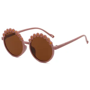 Cute kids round frame sunglasses with daisy floral decorations and brown UV protection lenses