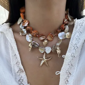 Boho Ozean Stil Unregelmäßige Muschel Seestern Seepferdchen Anhänger Halskette Für Damen Strand Sommerurlaub Legierung Schmuck
