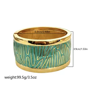 Wide Bohemian gold-plated bangle with turquoise enamel and wavy line pattern detail