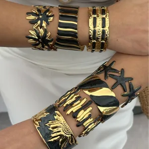 Vintage Edelstahl Armreif Für Damen Elegant Schwarz Emaille Vergoldet Sonnenblume Seestern Verstellbar Manschette Armband Schmuck