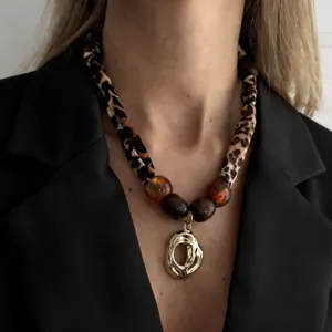 Vintage Maillard leopard print scarf necklace with wooden beads and molten gold pendant